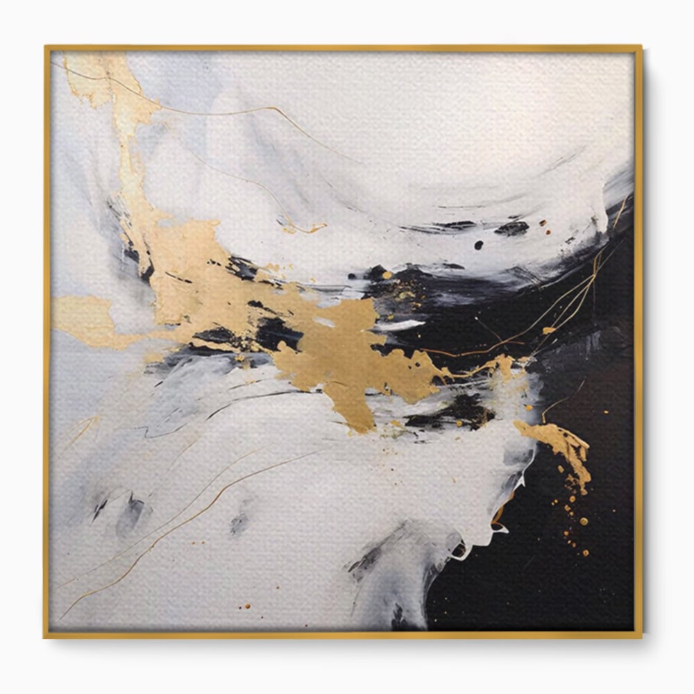 Tablou canvas cu tablou abstract cu insertii aurii, in rama de aluminiu auriu